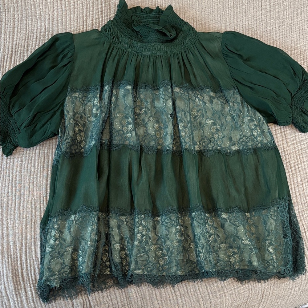 Anthropologie Forest Green Lace Top